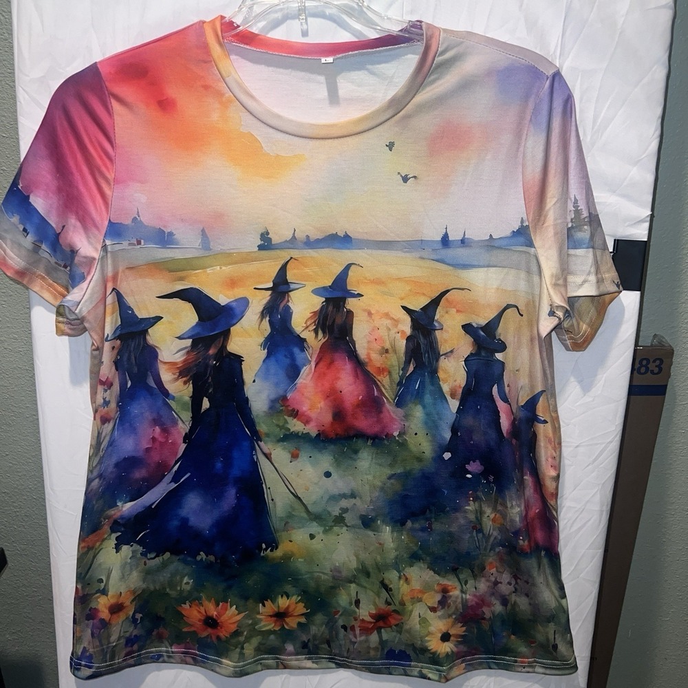 Halloween Dainty Witch Graphic Crew Size L Front Back Colorful Whimsical Fairy